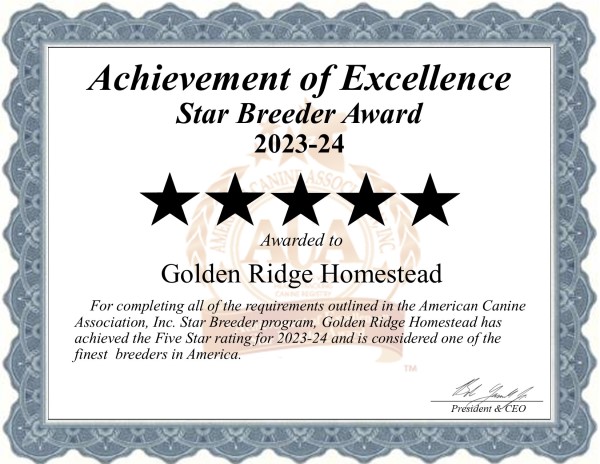 Golden Ridge Homestead dog breeder 5 Star Breeders Certificate Award
